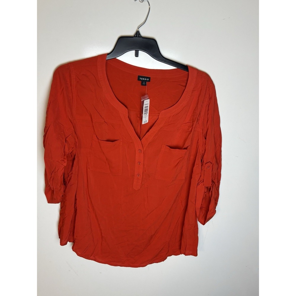 Torrid Top Womens 2 Blouse Harper Cayenne Pullover Pocket V-Neck 3/4 Sleeve NWT